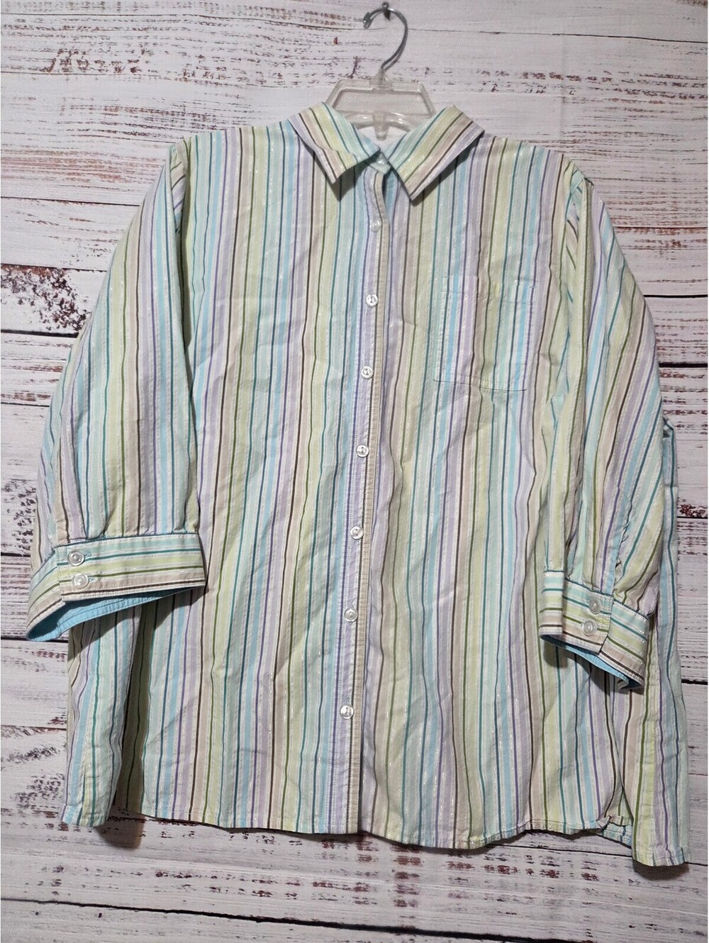 Christopher & Banks 2X Pastel Multi Stripe Button-Up Shirt Casual 3/4 Sleeve